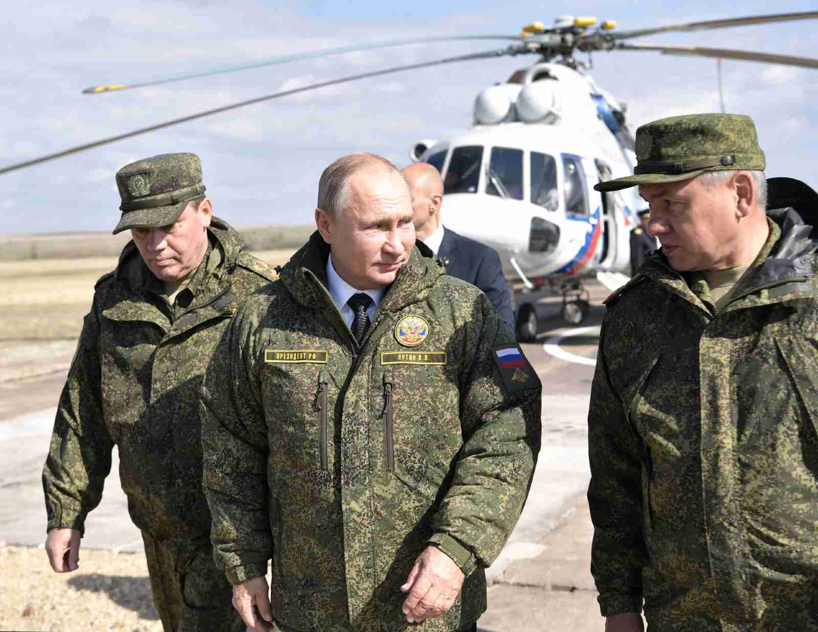 Russia's President Vladimir Putin, Defence Minister Sergei Shoigu and Chief of the General Staff of Russian Armed Forces Valery Gerasimov visit the firing range Donguz to oversee the military exercises known as "Centre-2019" in Orenburg Region, Russia September 20, 2019.