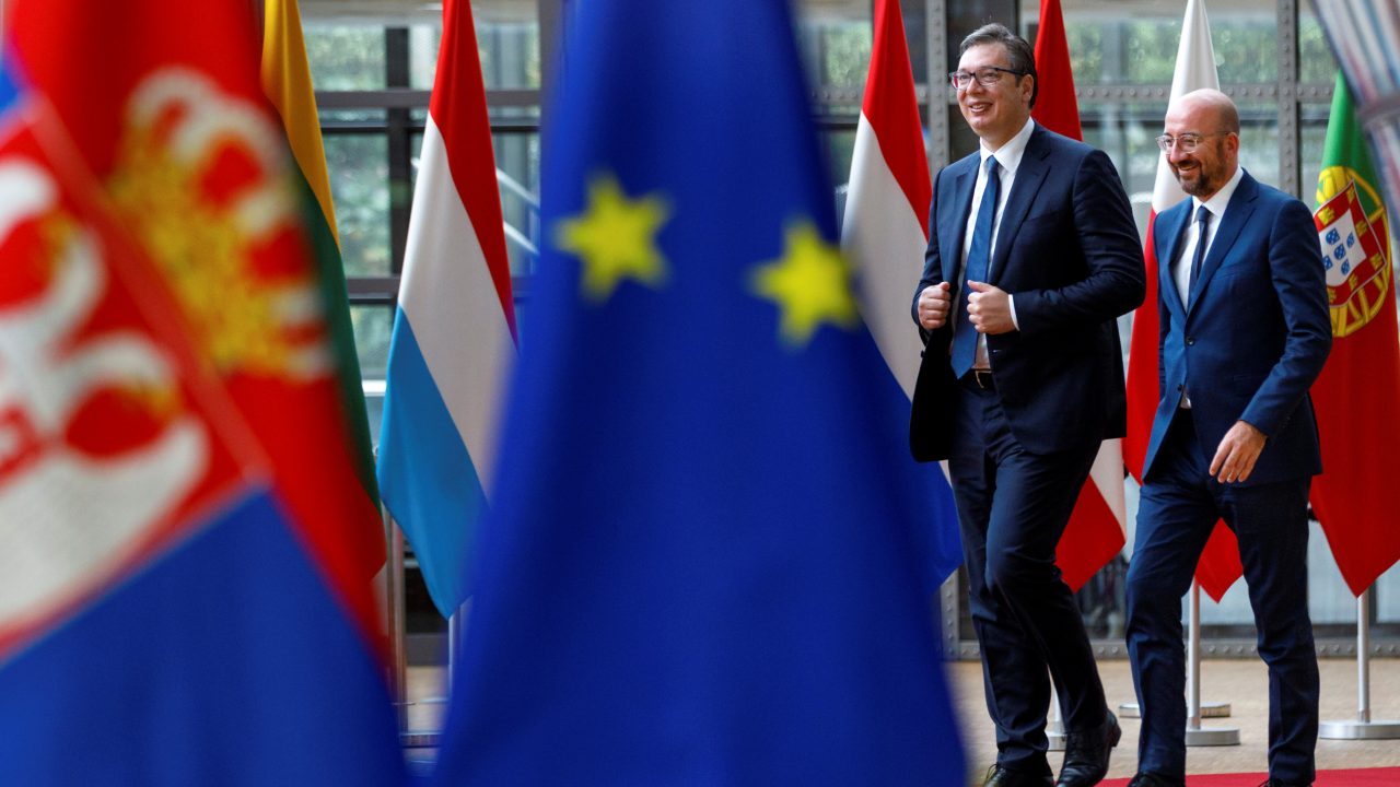 Photo: European Council President Charles Michel (right) walks with Serbian President Aleksandar Vucic (left) prior to a meeting at the European Council building in Brussels, Belgium, June 26, 2020. Credit: Olivier Matthys/Pool via REUTERS