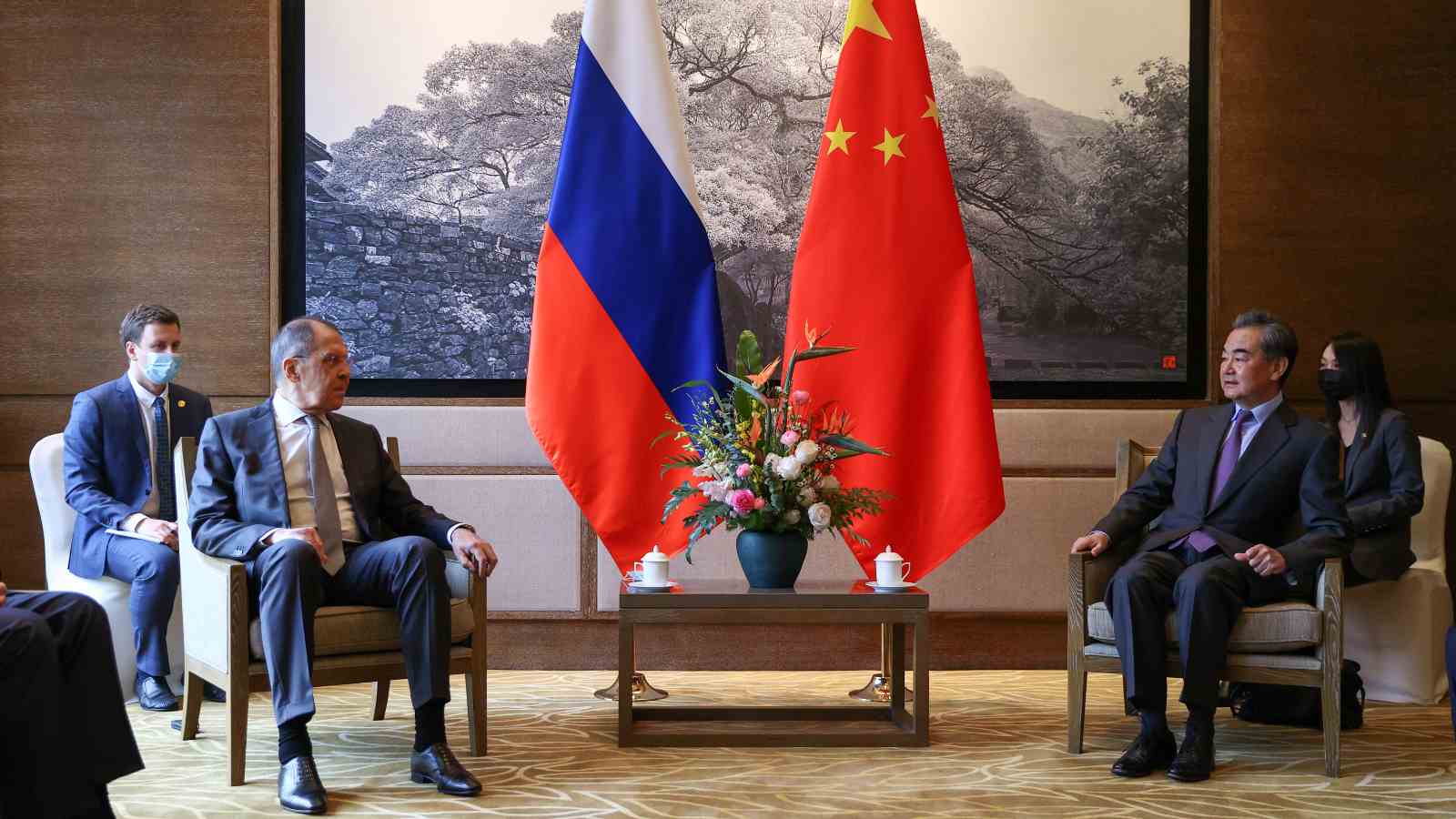 Russia's Foreign Minister Sergei Lavrov and China's Foreign Minister Wang Yi (L-R front) meet for talks. Russian Foreign Ministry/TASS.No use Russia.
