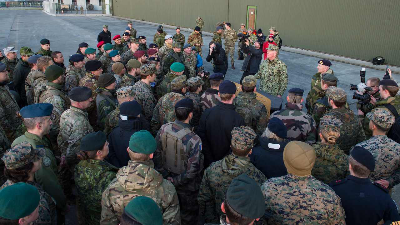 Admiral James Foggo, Allied Joint Force Command Naples Commander, and Admiral Haakon Bruun-Hanssen, Norwegian Chief of Defense, address the troops during the final press conference for Exercise TRIDENT JUNCTURE 2018 in Trondheim, Norway, on November 7 2018.