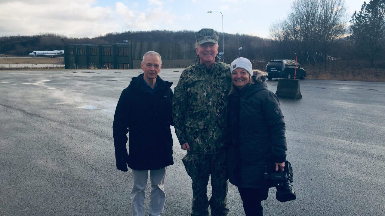Producer Mary Walsh (R) and Reporter David Martin (L) filming 60 Minutes with Admiral (ret.) James Foggo (C) at Bodo Air Base in Northern Norway.
