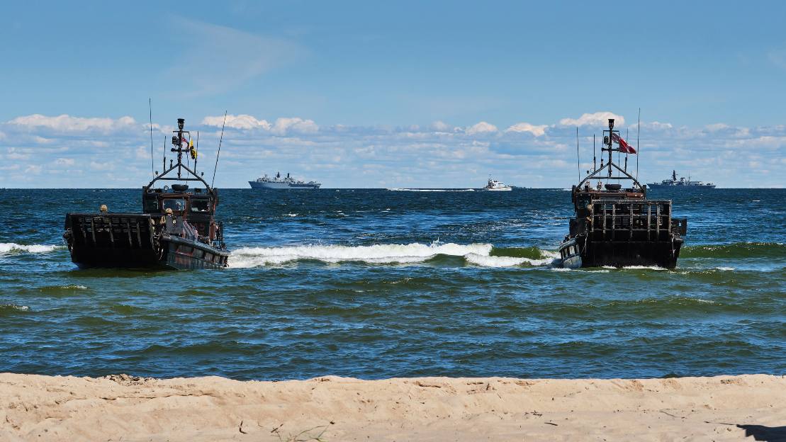 Photo: Pictured is an amphibious landing at Kolga Bay, Estonia, during DV Day on Baltic Protector. The demonstration on Baltic Protector deployment is part of the a multinational task group the Joint Expeditionary Force (JEF). Credit: 	PO(Phot) Si Ethell/Royal Navy.