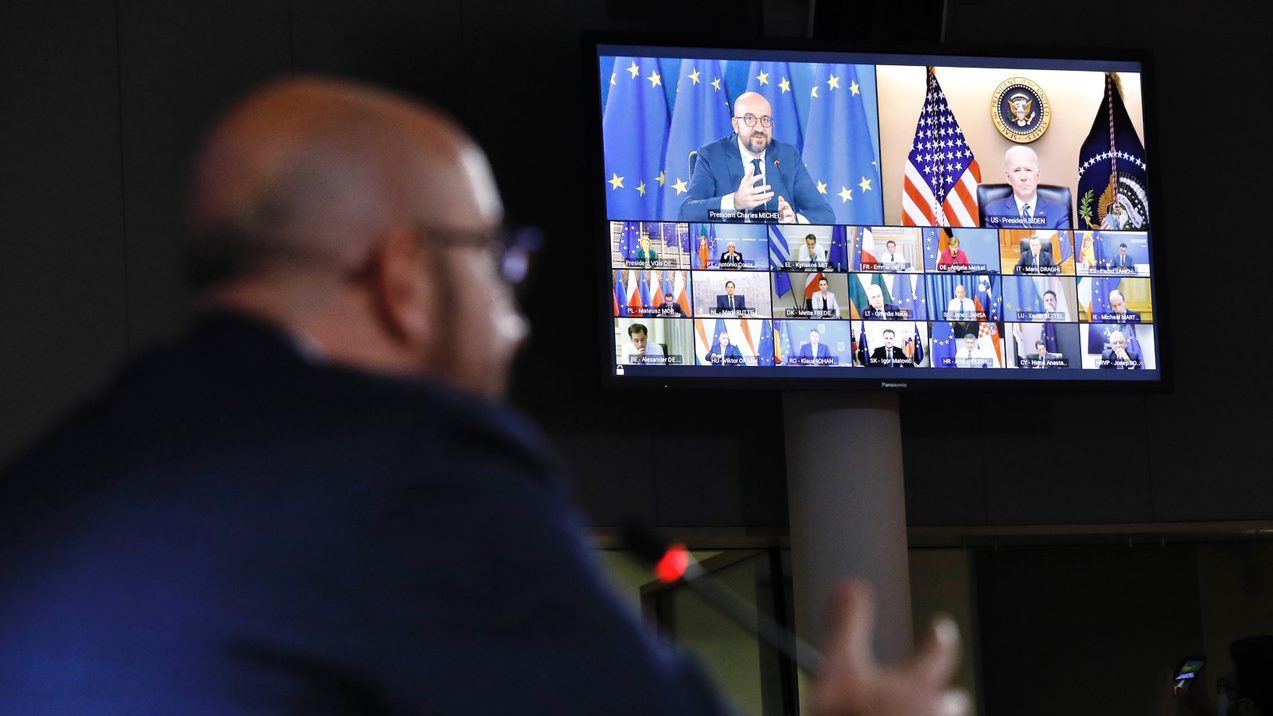 Caption: Video conference of the members of the European Council: Speech by President Michel to President Biden. Credit. Council of the European Union.