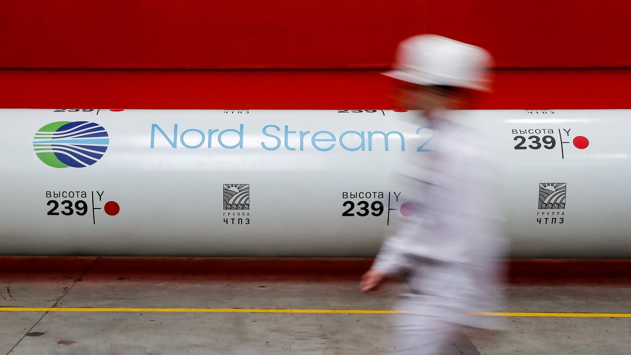 The logo of the Nord Stream 2 gas pipeline project is seen on a pipe at Chelyabinsk pipe rolling plant owned by ChelPipe Group in Chelyabinsk, Russia, February 26, 2020. REUTERS/Maxim Shemetov