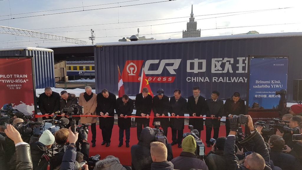 Photo: The first pilot container train arrives in Riga from Yiwu, China. Credit: Latvian Ministry of Foreign Affairs.