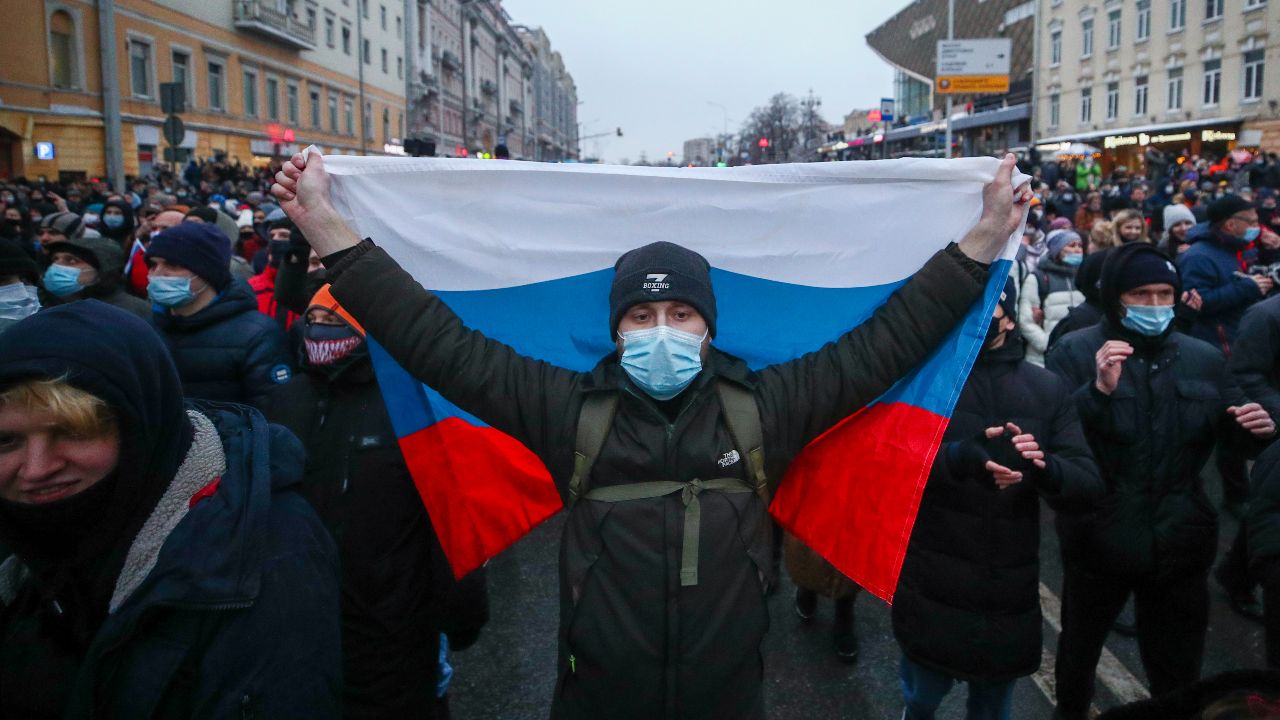 Photo: MOSCOW, RUSSIA - JANUARY 23, 2021: People take part in an unauthorized rally in support of Russian opposition activist Alexei Navalny in Tverskaya Street. Credit: Sergei Bobylev/TASS via Reuters