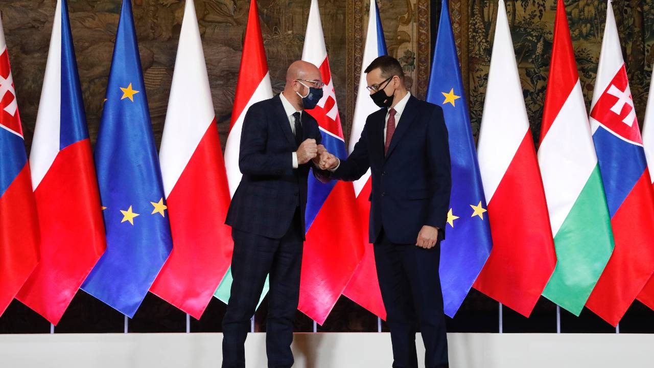 Photo: President Charles Michel (Left) and Prime Minister Mateusz Morawiecki at the 30th anniversary of Visegrad cooperation. Credit: European Council
