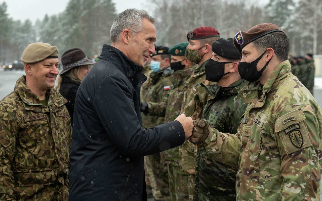 Photo: NATO Secretary General Jens Stoltenberg visits the NATO enhanced Forward Presence (eFP) battlegroup at the Ādaži Military Base, together with the Minister for Foreign Affairs of Canada, Mélanie Joly, and the Minister of Defence of Latvia, Artis Pabriks. Credit: NATO