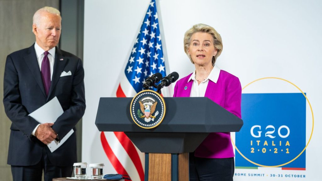 Photo: President Joe Biden and European Commission President Ursula von der Leyen speak at a press conference, Sunday, October 31, 2021, at La Nuvola Convention Center in Rome. Credit: Official White House Photo by Adam Schultz