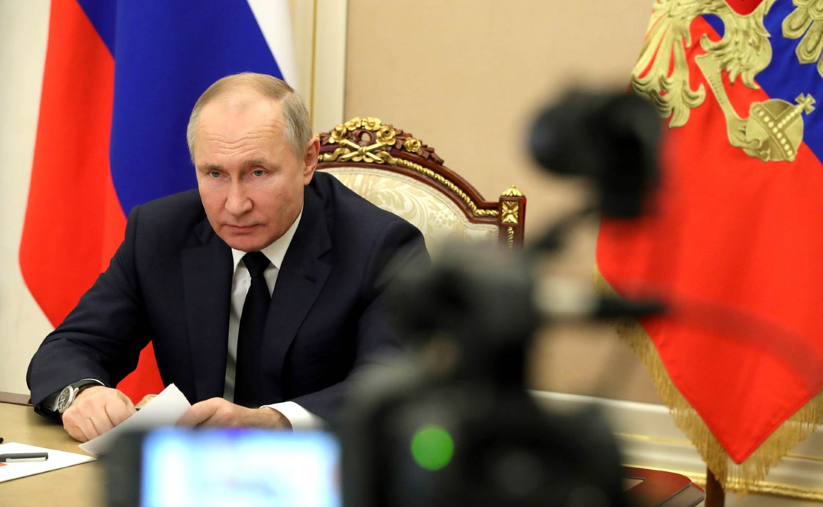 Photo: Russian President Vladimir Putin held a meeting via videoconference, during which the situation in the banking sector and the financial market at the end of 2020, as well as issues of further development of the banking sector, were discussed. February 1, 2021. Credit: Kremli