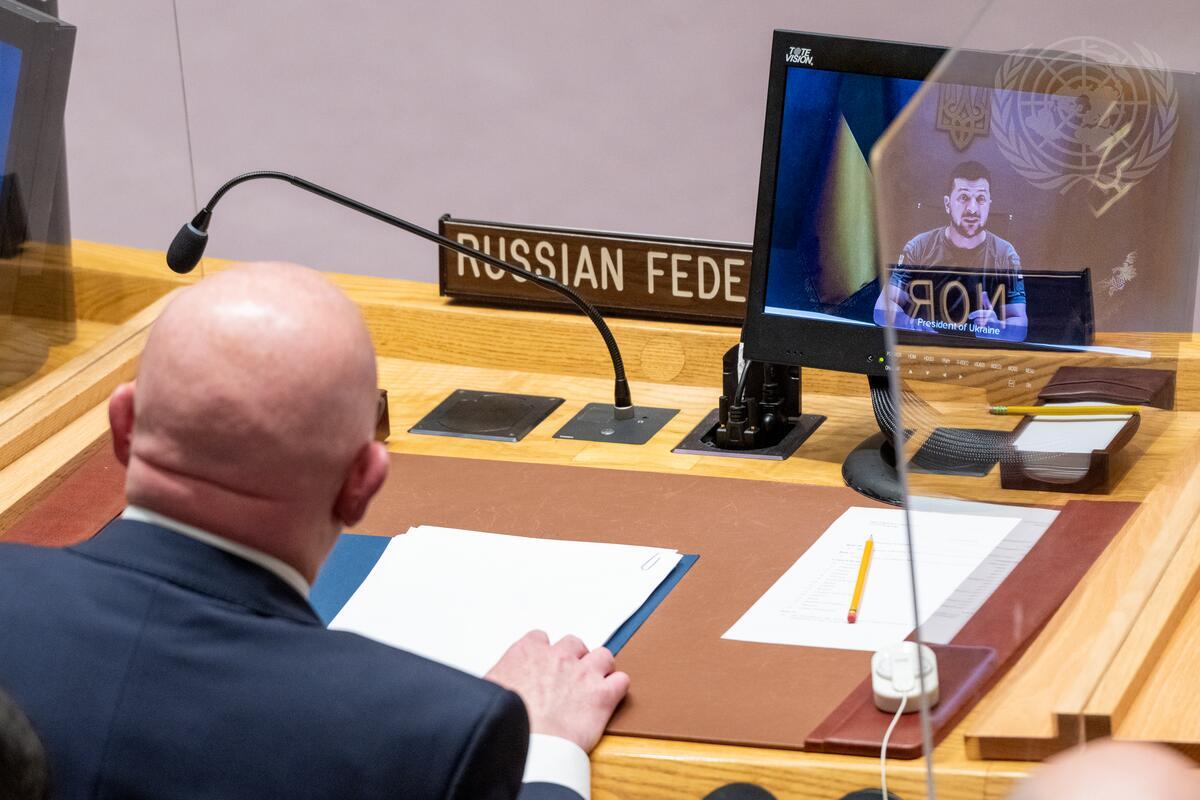 Photo: Volodymyr Zelenskyy, President of Ukraine, (on screen) addresses the Security Council Meeting on Maintenance of Peace and Security of Ukraine. Credit: UN Photo/Eskinder Debebe