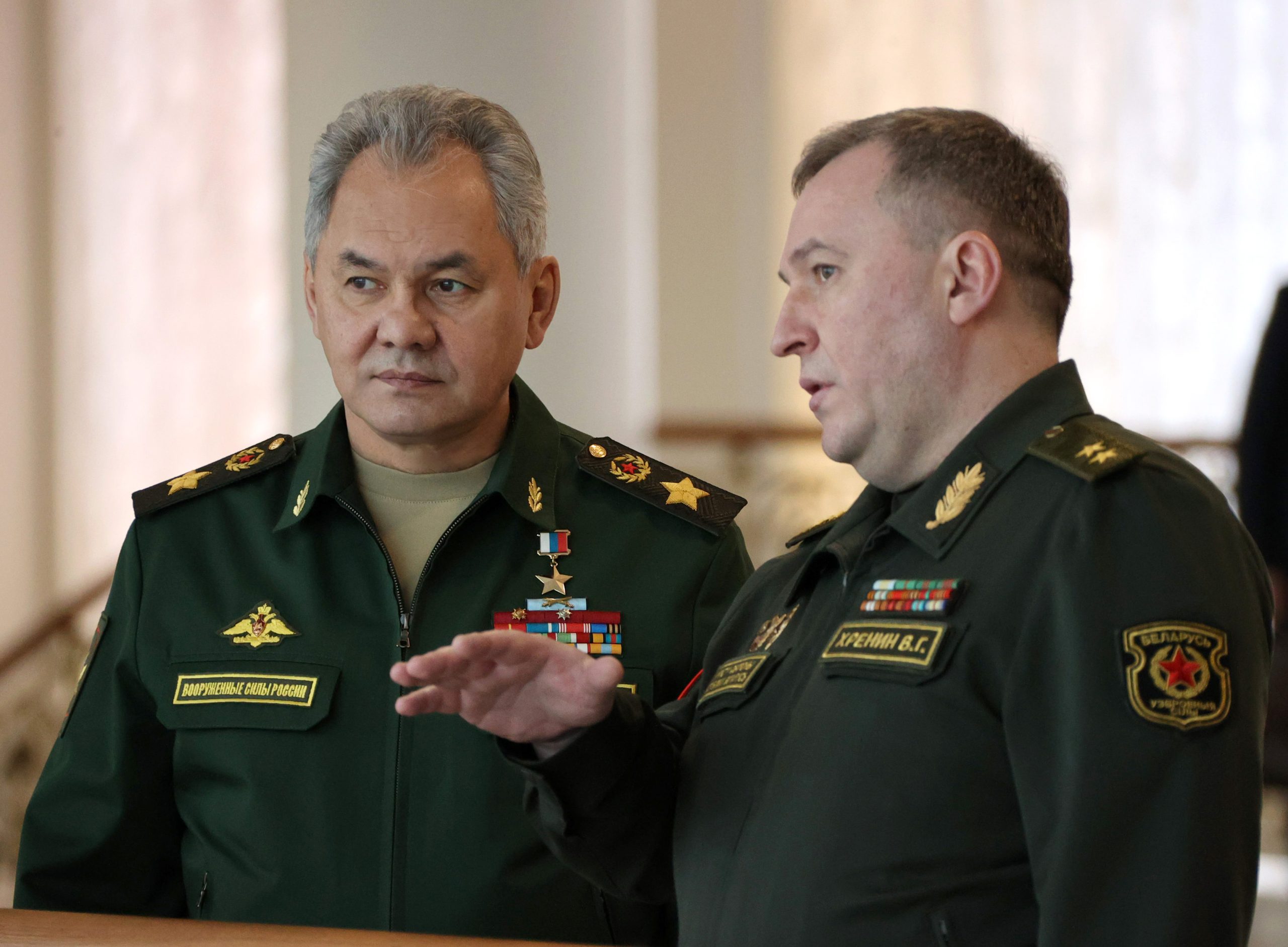 Photo: Russian Defense Minister Sergei Shoigu (L) arrives in Minsk, Belarus, on Feb 3, 2022 where he will inspect the progress of the joint military exercises. Russia is massing nuclear-capable missiles along with 30,000 troops in Belarus, Jens Stoltenberg, NATO general secretary warns, amid fears of a huge refugee crisis if Ukraine is invaded. Credit: EYEPRESS MEDIA via Reuters