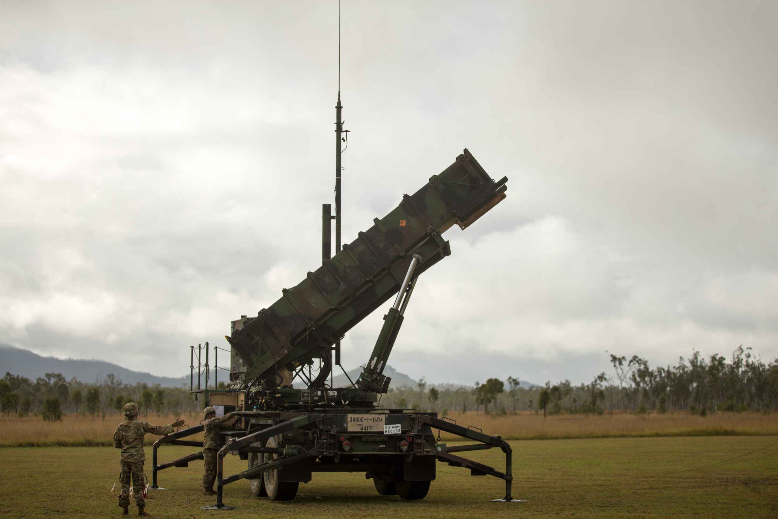 Photo: U.S. Army Sgt. Tamayo Ezekiel (right) and U.S. Army Pfc. Colby McCormick (left), Army Patriot Launching Station Enhanced Operators, raise the MIM-104 Patriot launching station Jul. 14, 2021, at Camp Growl in Queensland, Australia, during Exercise Talisman Sabre 2021. Credit: U.S. Marine Corps photo by Lance Cpl. Alyssa Chuluda via dvids