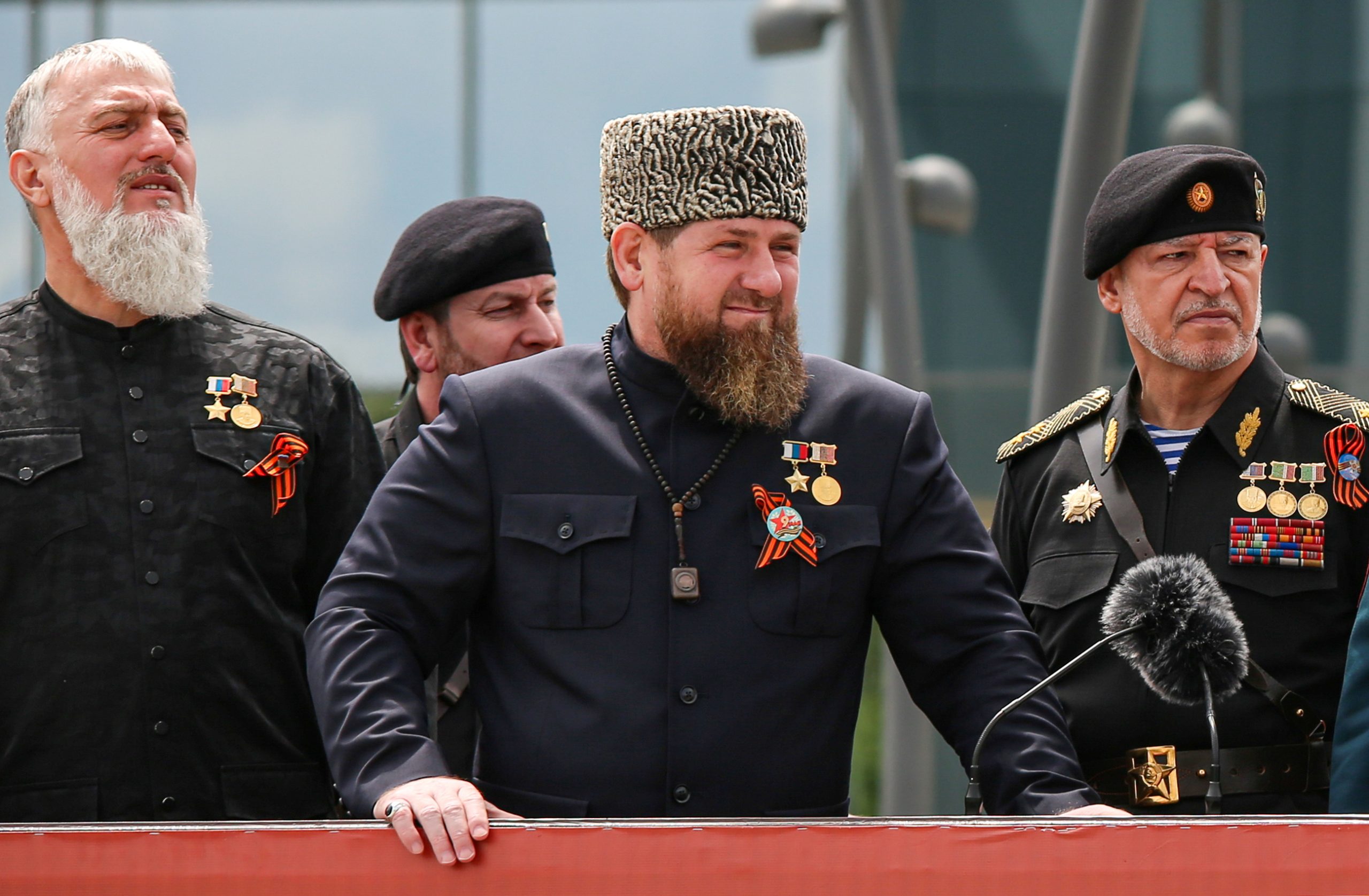 Photo: Head of the Chechen Republic Ramzan Kadyrov (С), Interior Minister Ruslan Alkhanov (R) and Russia's State Duma member Adam Delimkhanov attend a military parade on Victory Day, which marks the 77th anniversary of the victory over Nazi Germany in World War Two, in the Chechen capital Grozny, Russia May 9, 2022. Credit: REUTERS/Chingis Kondarov