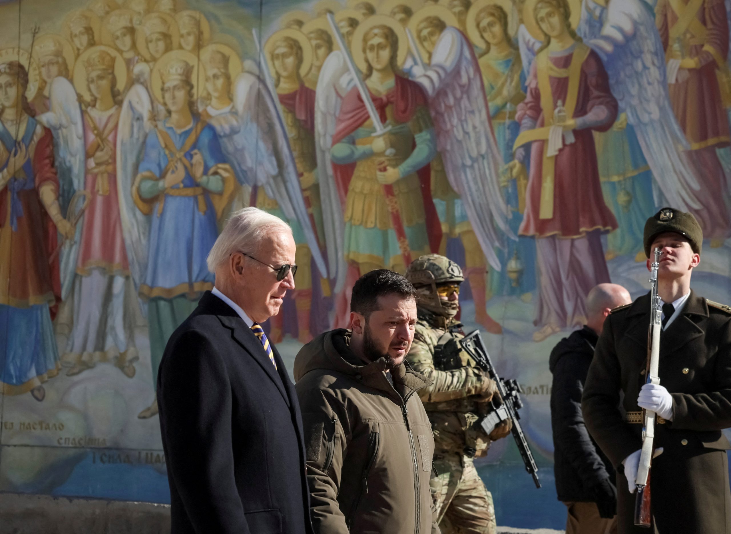 US President Joe Biden and Ukraine's President Volodymyr Zelenskyy walk next to Saint Michael’s cathedral, amid Russia's attack on Ukraine, in Kyiv, Ukraine February 20, 2023. Credit: REUTERS/Gleb Garanich