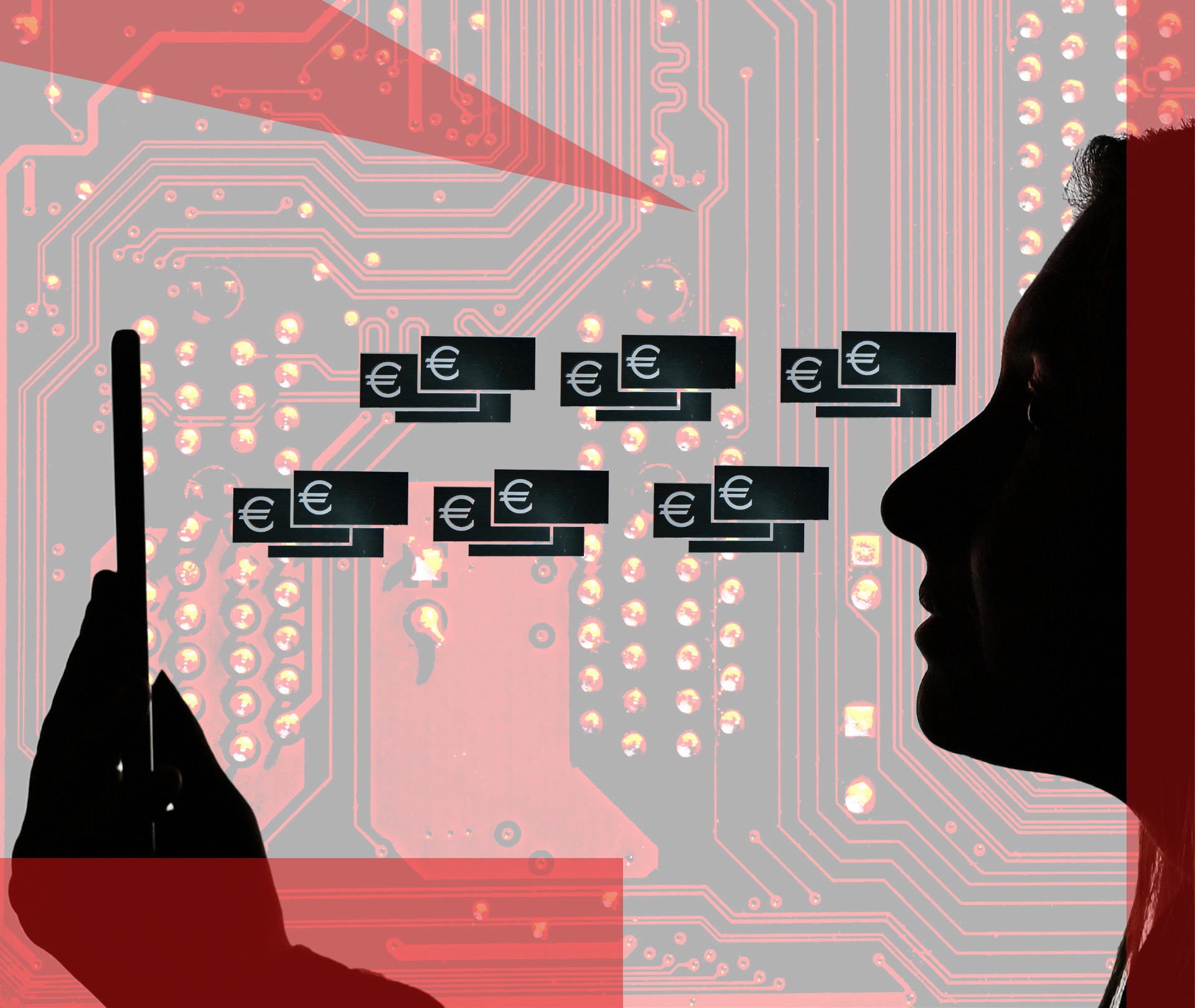Illustration: Michael Newton/CEPA. Images: An image of a woman holding a cell phone in front of a Huawei logo displayed on a computer screen. Credit: Artur Widak/NurPhoto; Euro. Credit: Markus Spiske/Unsplash. Motherboard. Credit: Michael Dziedzic/Unsplash